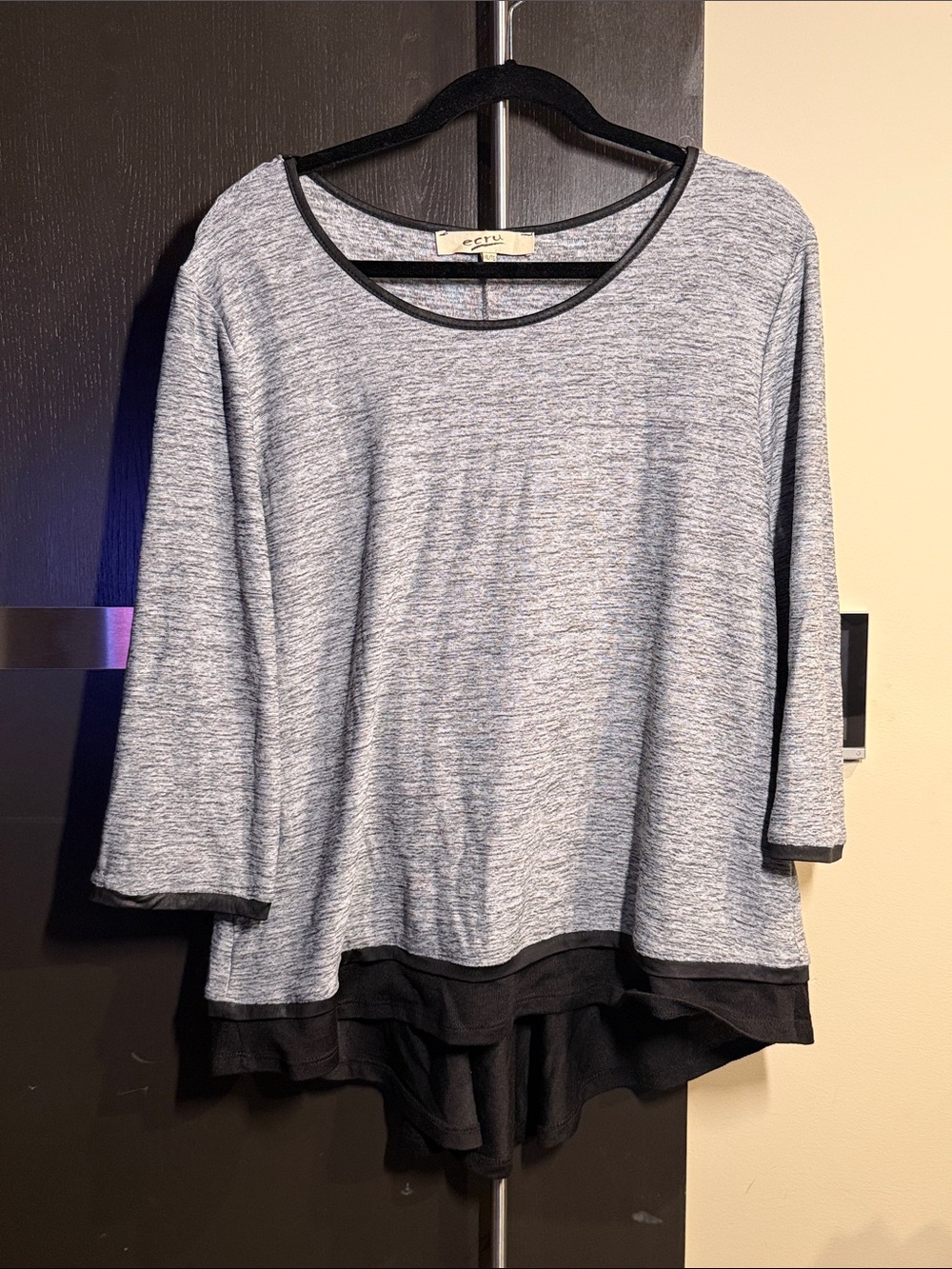 ecru Heathered Gray Knit Tunic with Black Layered Hem